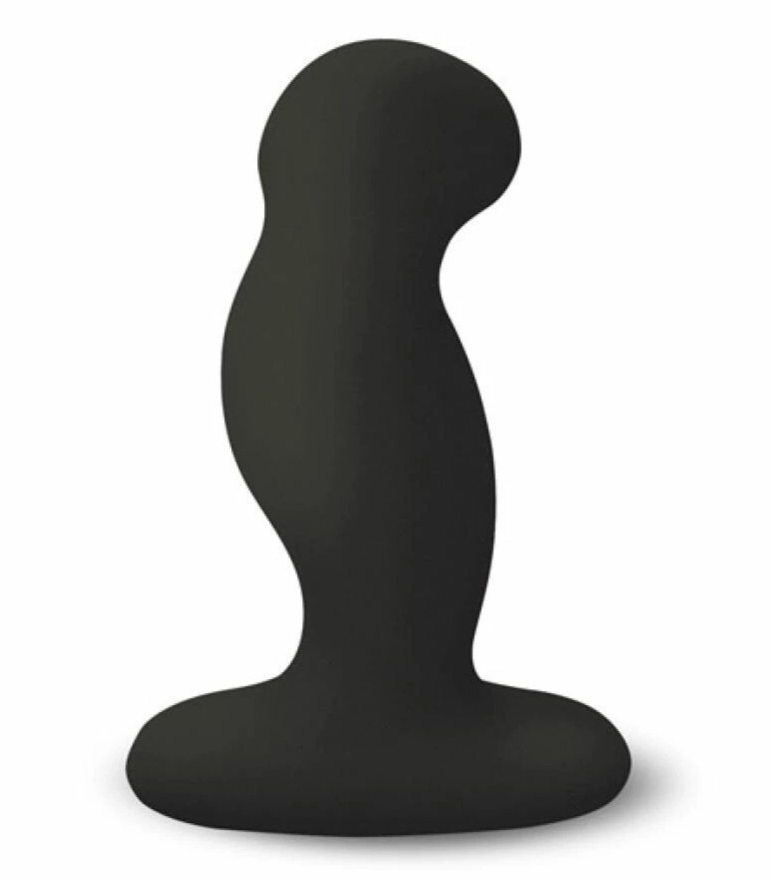 Black silicone butt plug on a white background