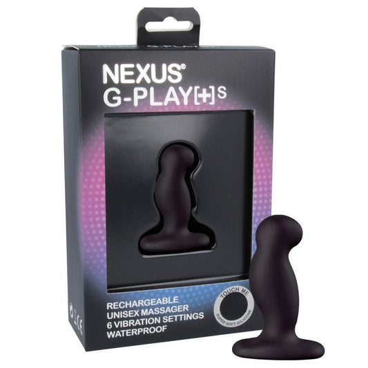 Black G-play massager with packaging on a white background