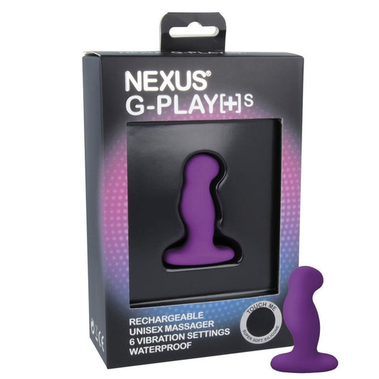 Purple Nexus G-Play[G+]S massager with packaging on a white background