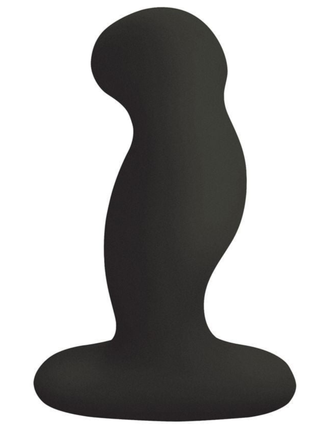 Black silicone butt plug on a white background