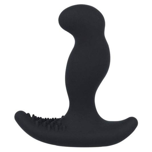 Black silicone vibrating prostate massager with textured surface on a white background