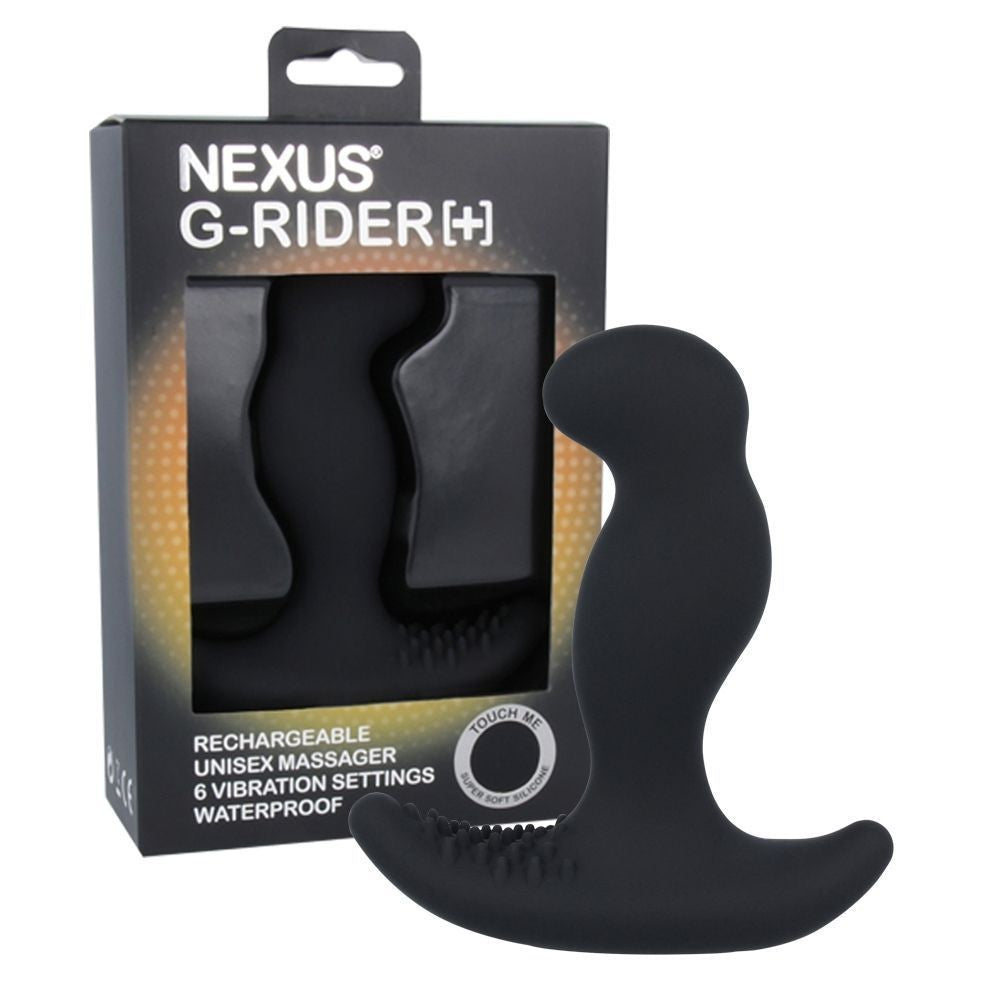 Black Nexus G-Rider rechargeable unisex massager with packaging on a white background