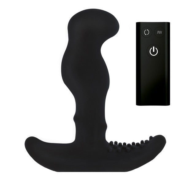 Black silicone prostate massager with remote control on a white background