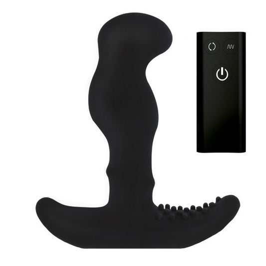 Black silicone prostate massager with remote control on a white background