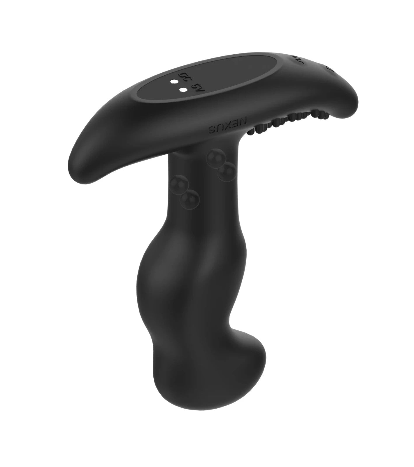 Black handheld device with textured surface on a white background