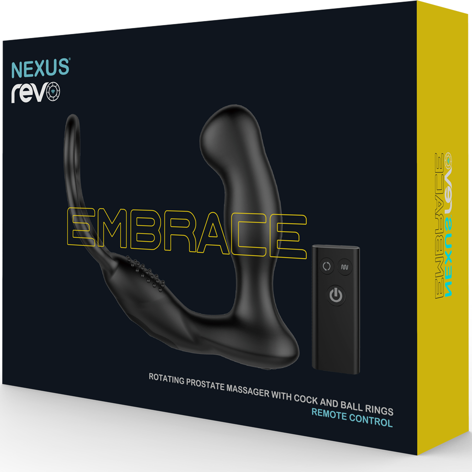Product packaging for 'Embrace' rotating prostate massager with 'Nexus Rev' branding.