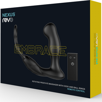 Product packaging for 'Embrace' rotating prostate massager with 'Nexus Rev' branding.