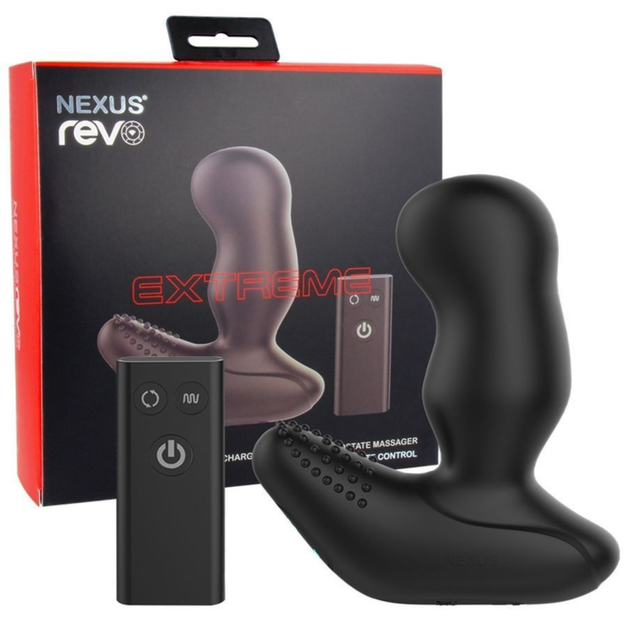 Black electronic device with remote control and packaging labeled 'Nexus Rev Extreme' on a white background.