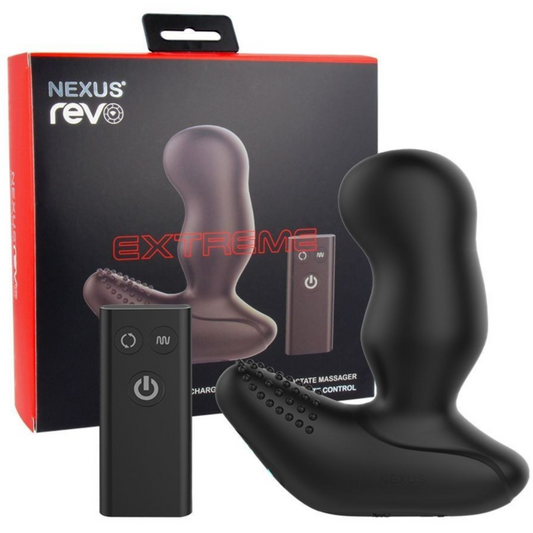 Black electronic device with remote control and packaging labeled 'Nexus Rev Extreme' on a white background.