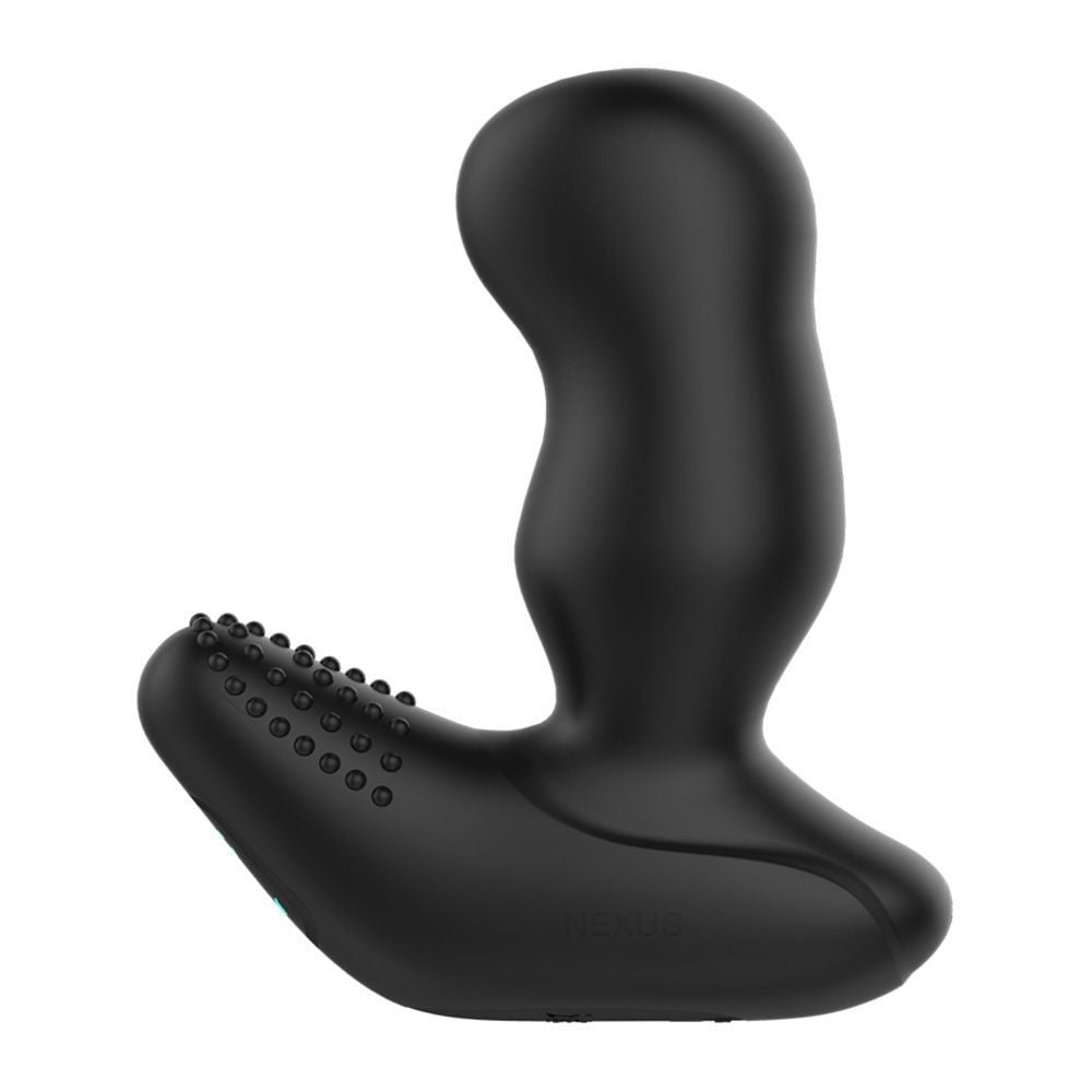 Black silicone butt plug with textured head on a white background
