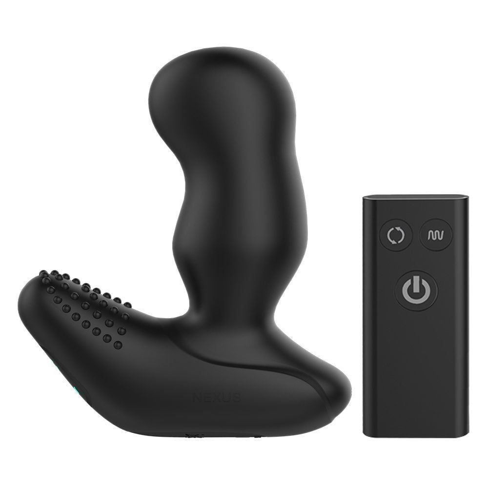 Black electronic massage device with remote control on a white background