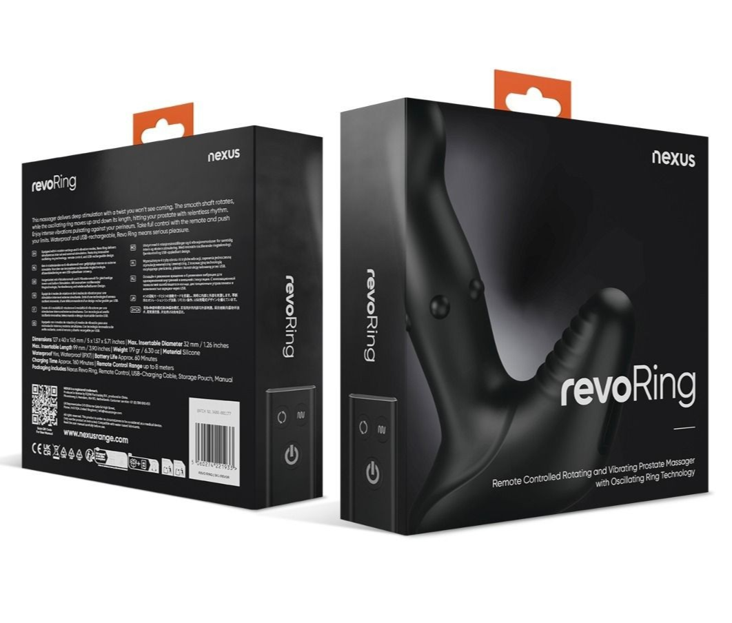 Black packaging of revo-Ring with visible branding and product details.