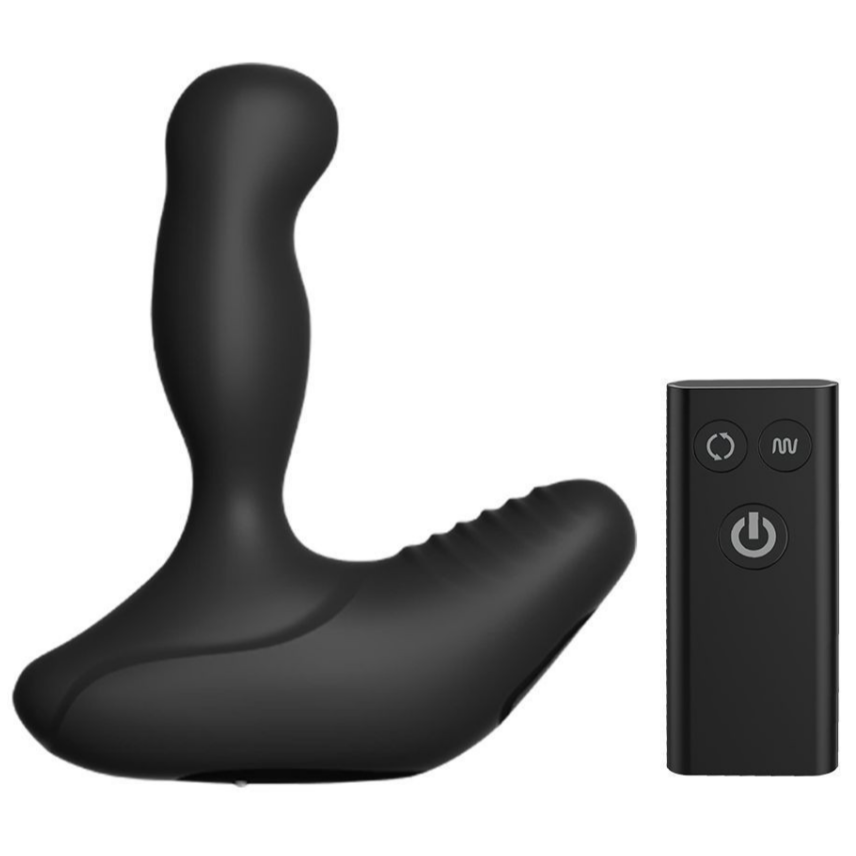 Black electronic prostate massager with remote control on a white background