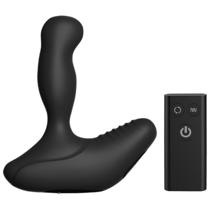 Black electronic prostate massager with remote control on a white background