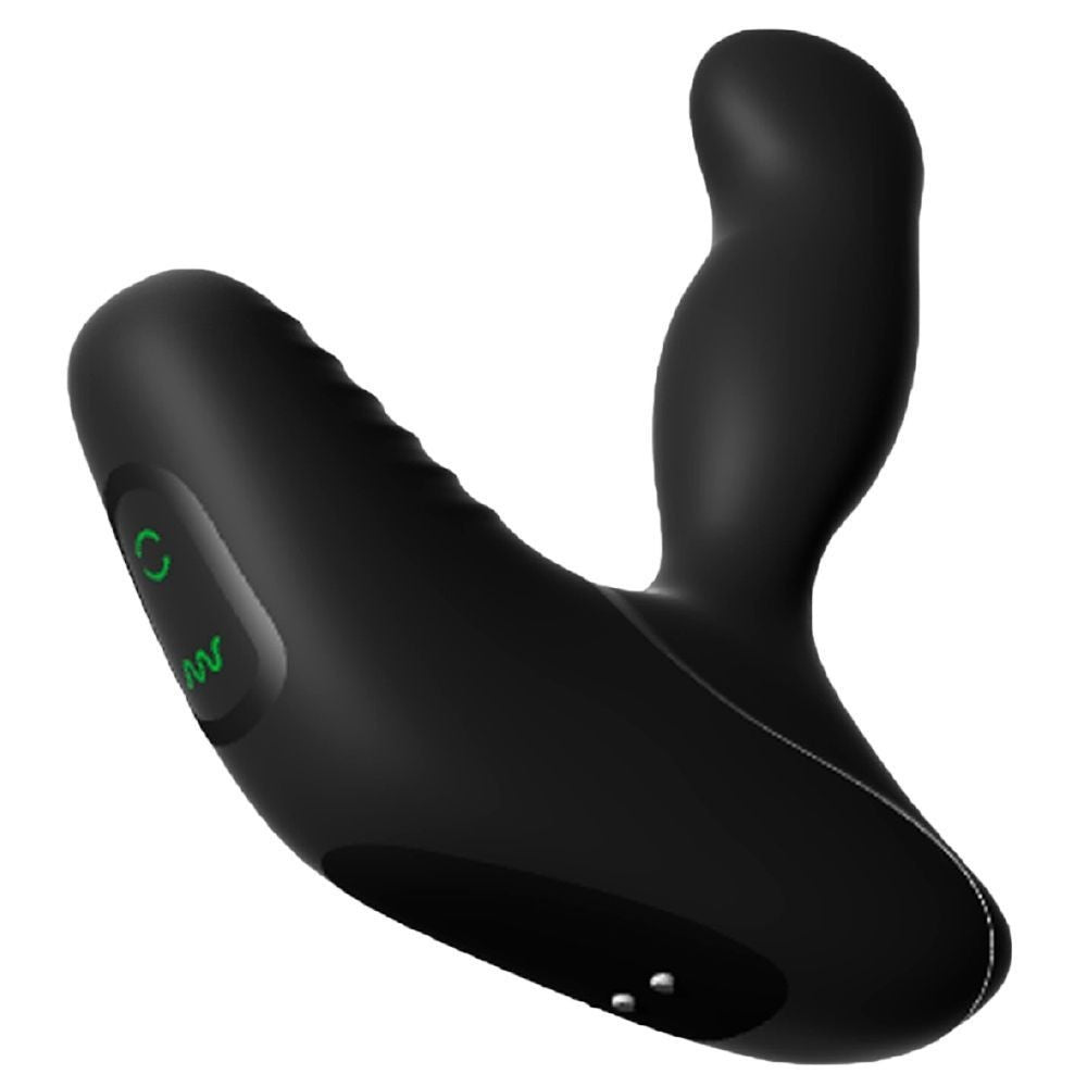 Black silicone butt plug with green indicator lights on a white background