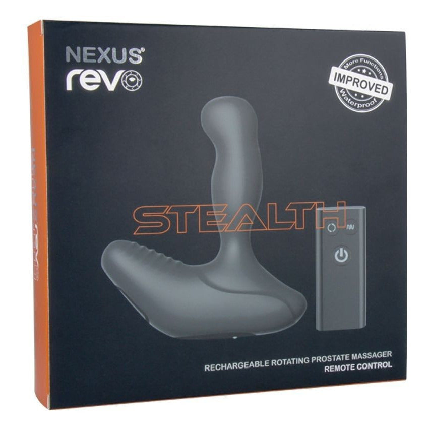Nexus Rev Stealth rechargeable rotating prostate massager packaging on a white background