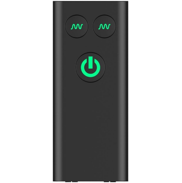 Black electronic device with green power symbol on a white background