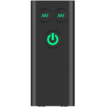 Black electronic device with green power symbol on a white background