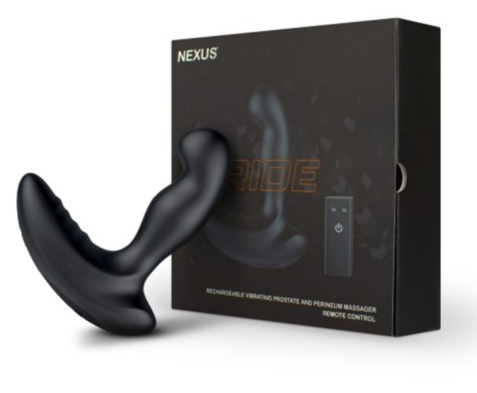 Black prostate massager with Nexus packaging on a white background