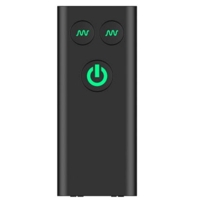 Black remote control with green power symbol on a white background