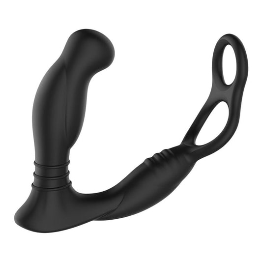 Black silicone butt plug on a white background