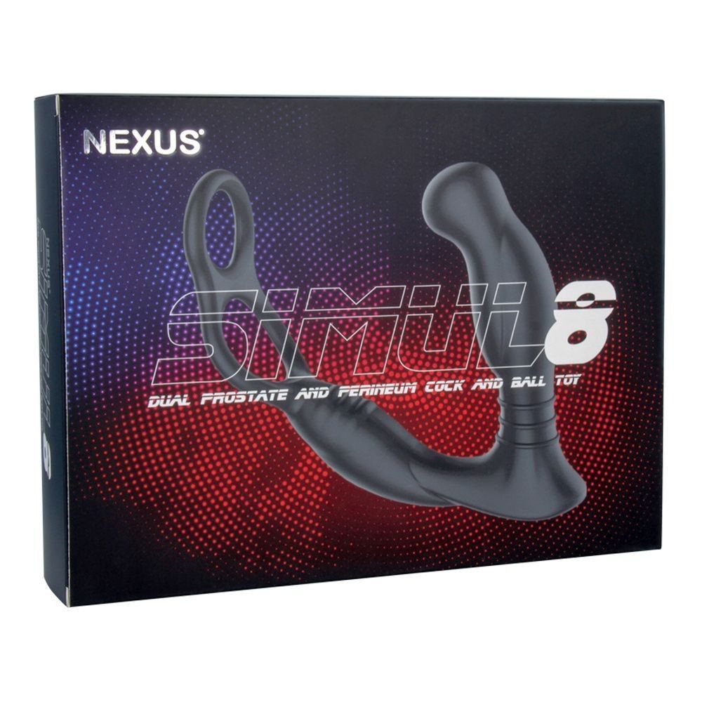 Nexus Simul8 product packaging with two gray silicone devices on a black background.