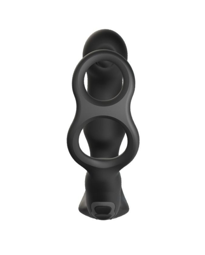 Black silicone cock ring with a prostate massager on a white background