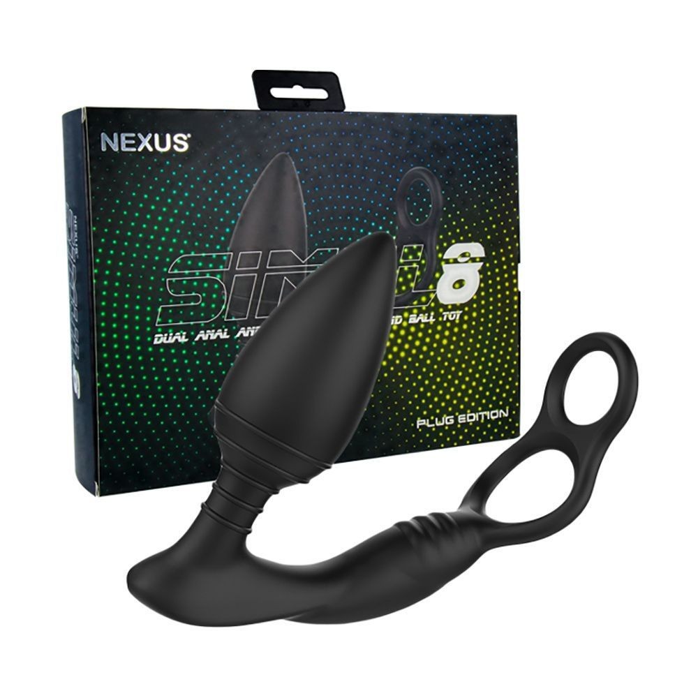 Black anal plug with packaging displaying 'Nexus' and 'Simul8' branding on a white background.