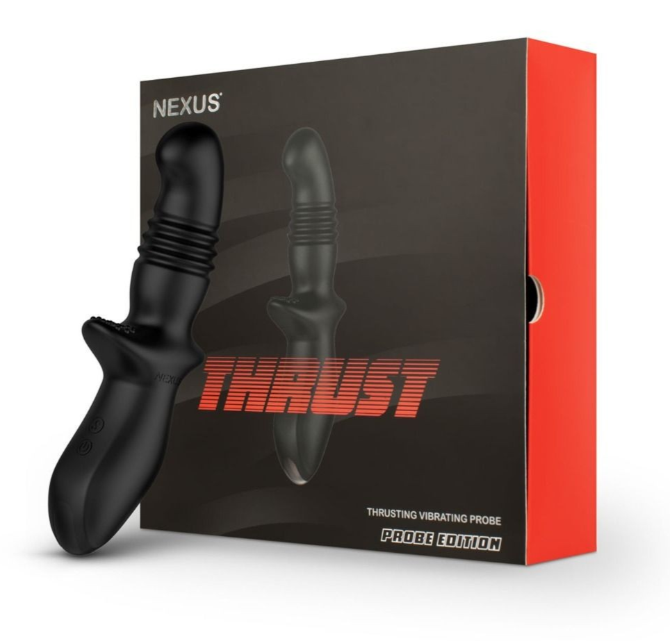 Nexus Thrust product packaging with black thrusting vibrating probe on a white background