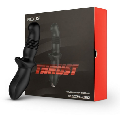 Nexus Thrust product packaging with black thrusting vibrating probe on a white background