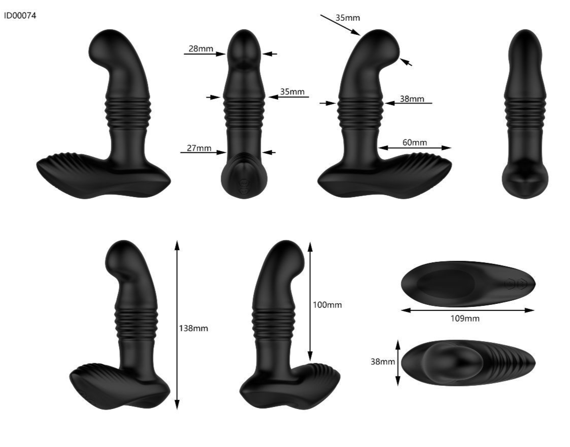 Black silicone butt plugs with measurements on a white background