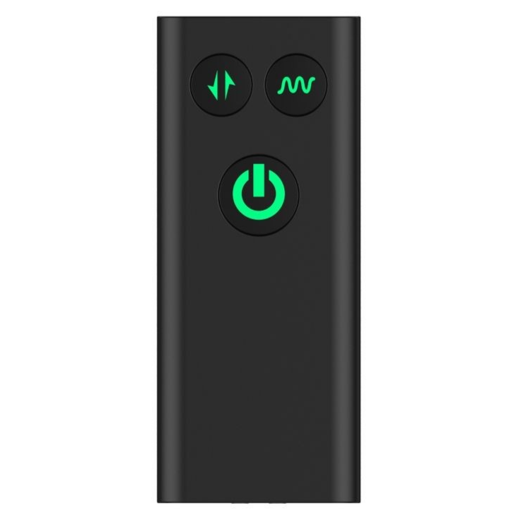 Black electronic remote control with green power symbol on a white background