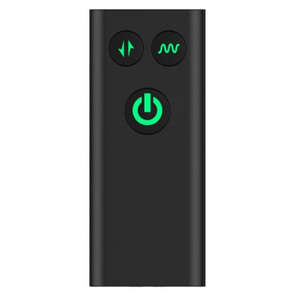 Black electronic remote control with green power symbol on a white background