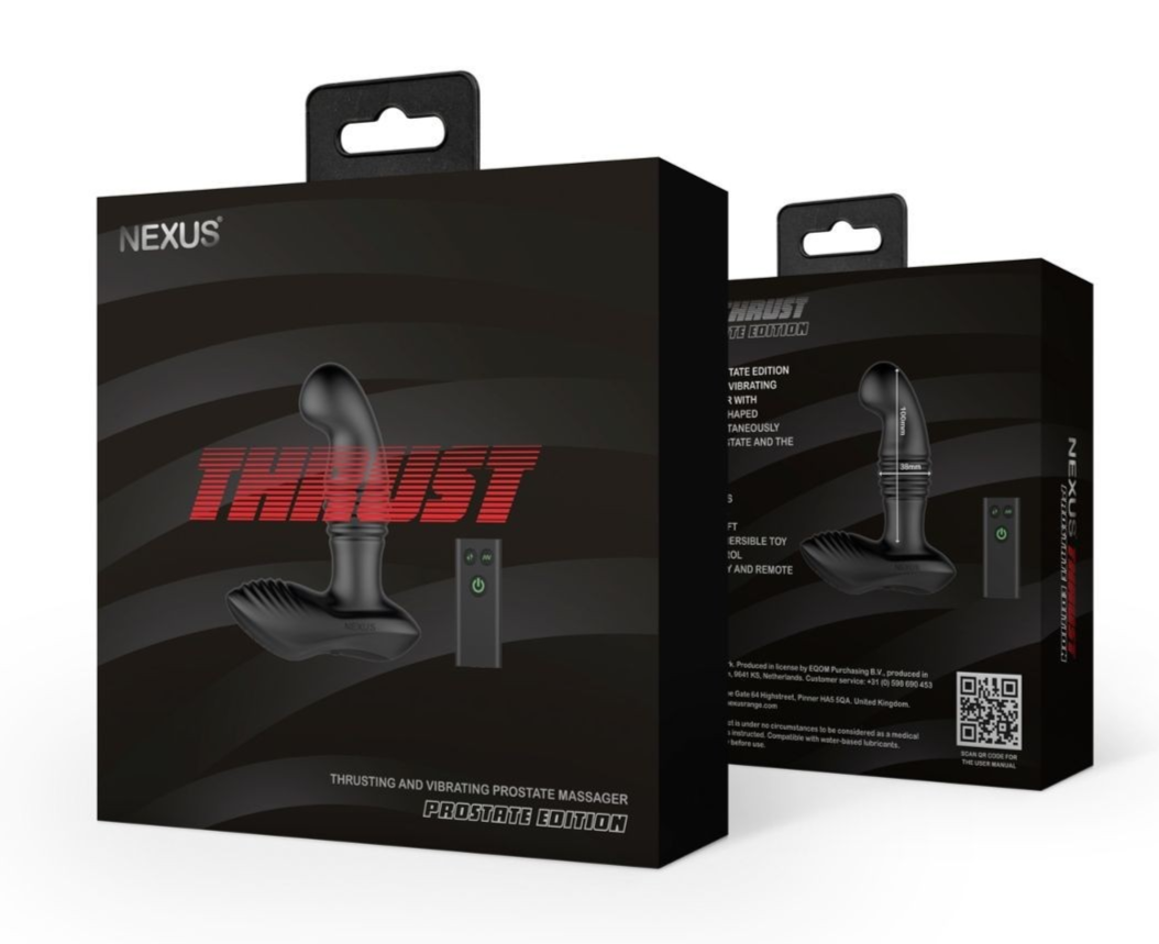 Black packaging box for a product with 'Nexus' branding and 'Thrust' text.