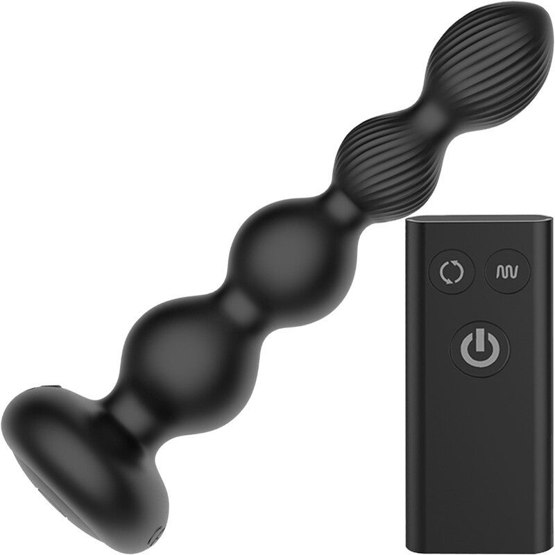 Black silicone massager with remote control on a white background