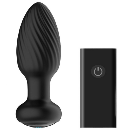 Black electronic device resembling a butt plug with a remote control on a white background