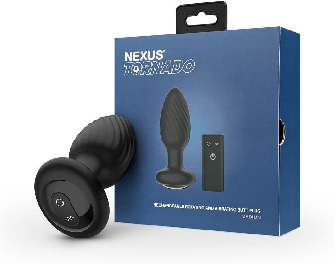 Black butt plug with packaging labeled 'Nexus Tornado' on a white background