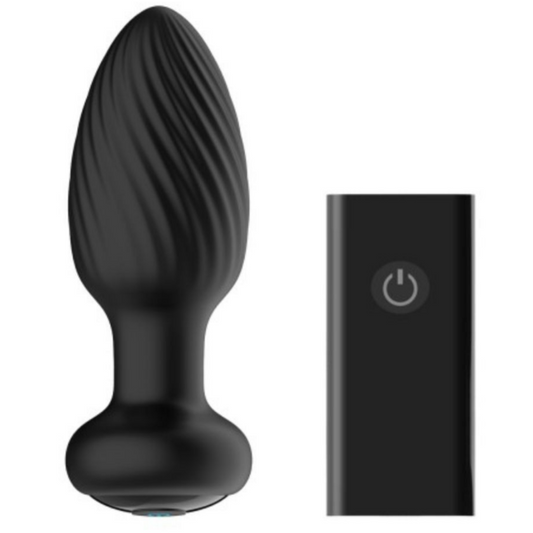 Black silicone butt plug with remote control on a white background