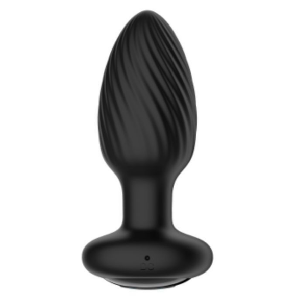 Black silicone butt plug on a white background