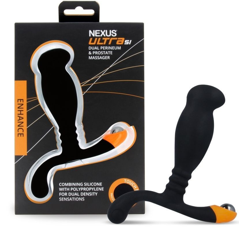 Black and orange Nexus Ultra Si dual perineum and prostate massager with packaging on a white background