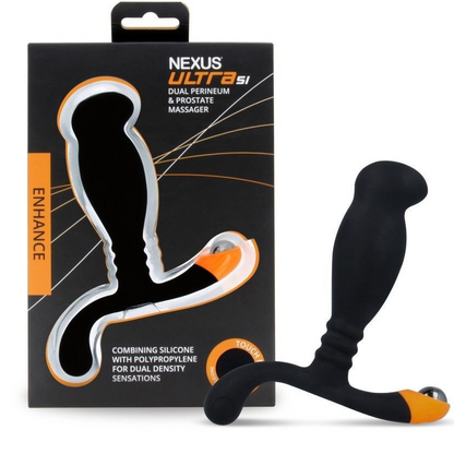 Black and orange Nexus Ultra Si dual perineum and prostate massager with packaging on a white background