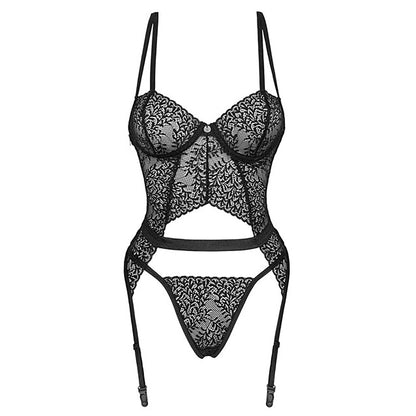 Black lace lingerie set on a white background