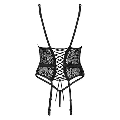 Black lace lingerie set with straps on a white background