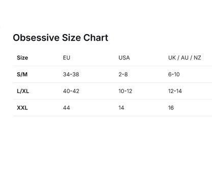 Obsessive Size Chart with size conversions between EU, USA, and UK/AU/NZ.