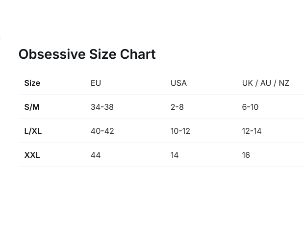 Obsessive Size Chart with size conversions between EU, USA, and UK/AU/NZ.