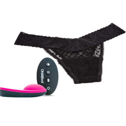 Black lace thong and remote control with 'OhmiBod' branding on a white background