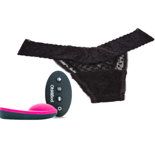 Black lace thong and remote control with 'OhmiBod' branding on a white background