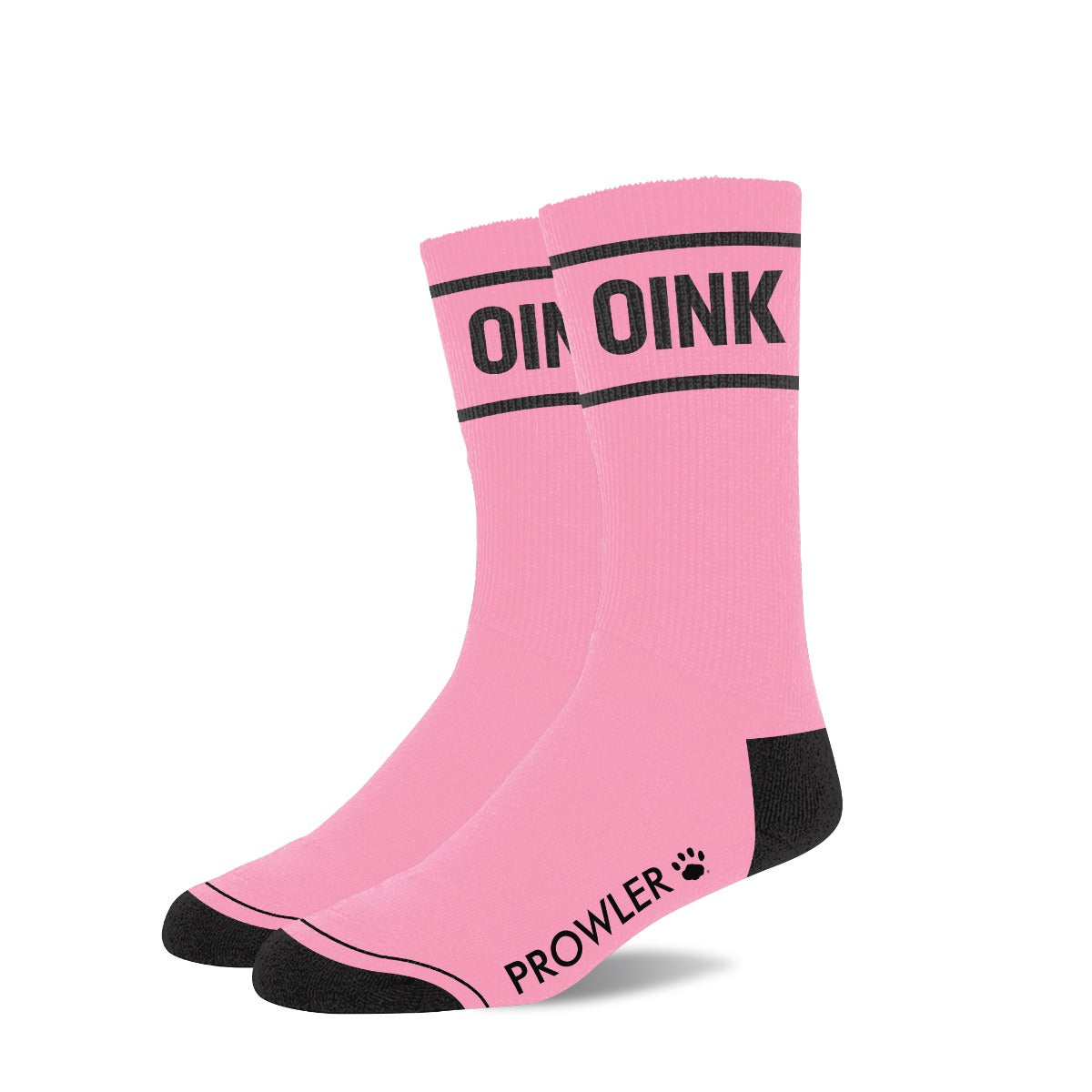 Pink socks with black text on a white background