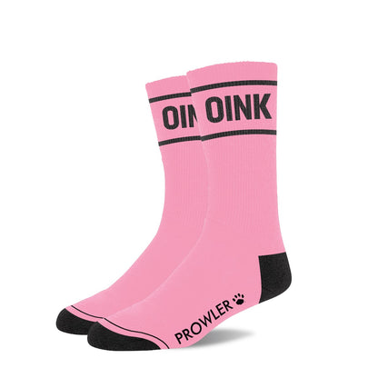 Pink socks with black text on a white background