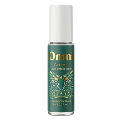 Onmi Access Deep Throat Spray in a 15ml bottle with a white cap and a dark green label featuring gold and light green botanical illustrations.